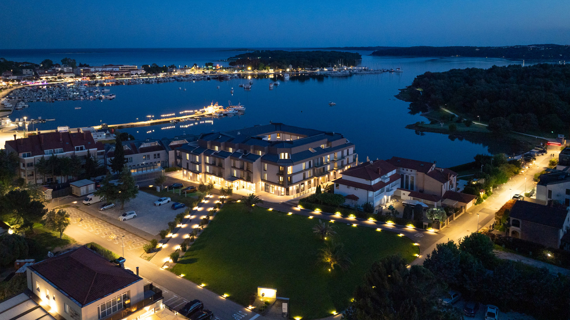 Night view of Visula Hotel & Spa in Medulin, Croatia, offering a peaceful retreat after exploring Pula.